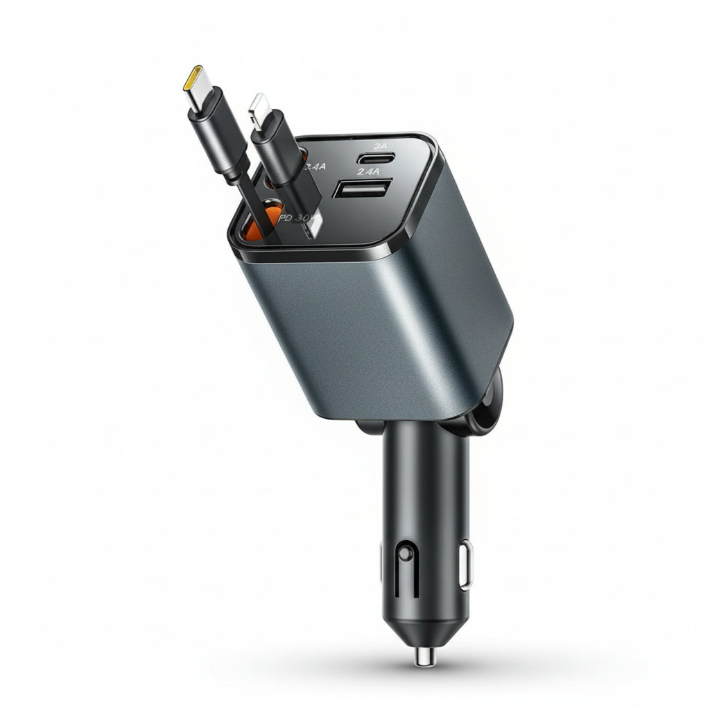 Billaddare, FM-sändare, Bluetooth med utdragbar USB-C/Lightning-kablar