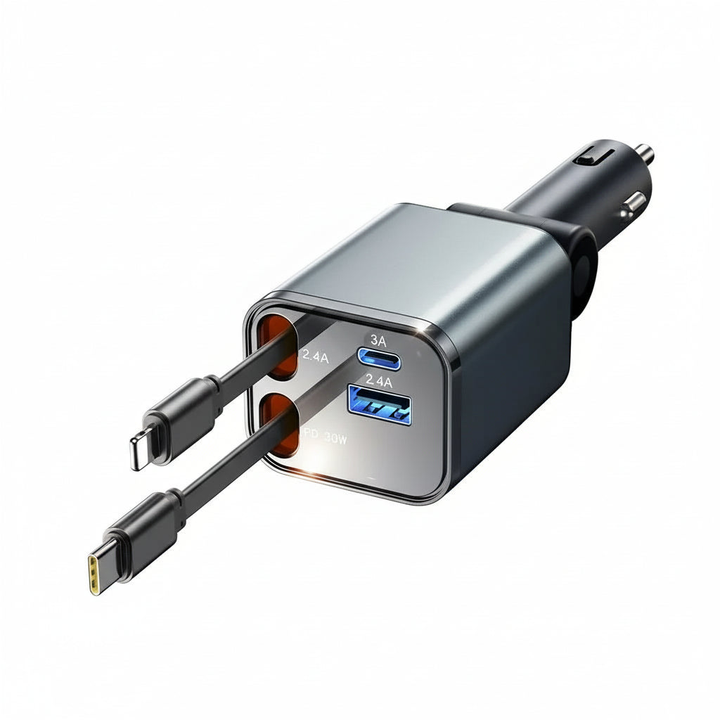 Billaddare, FM-sändare, Bluetooth med utdragbar USB-C/Lightning-kablar