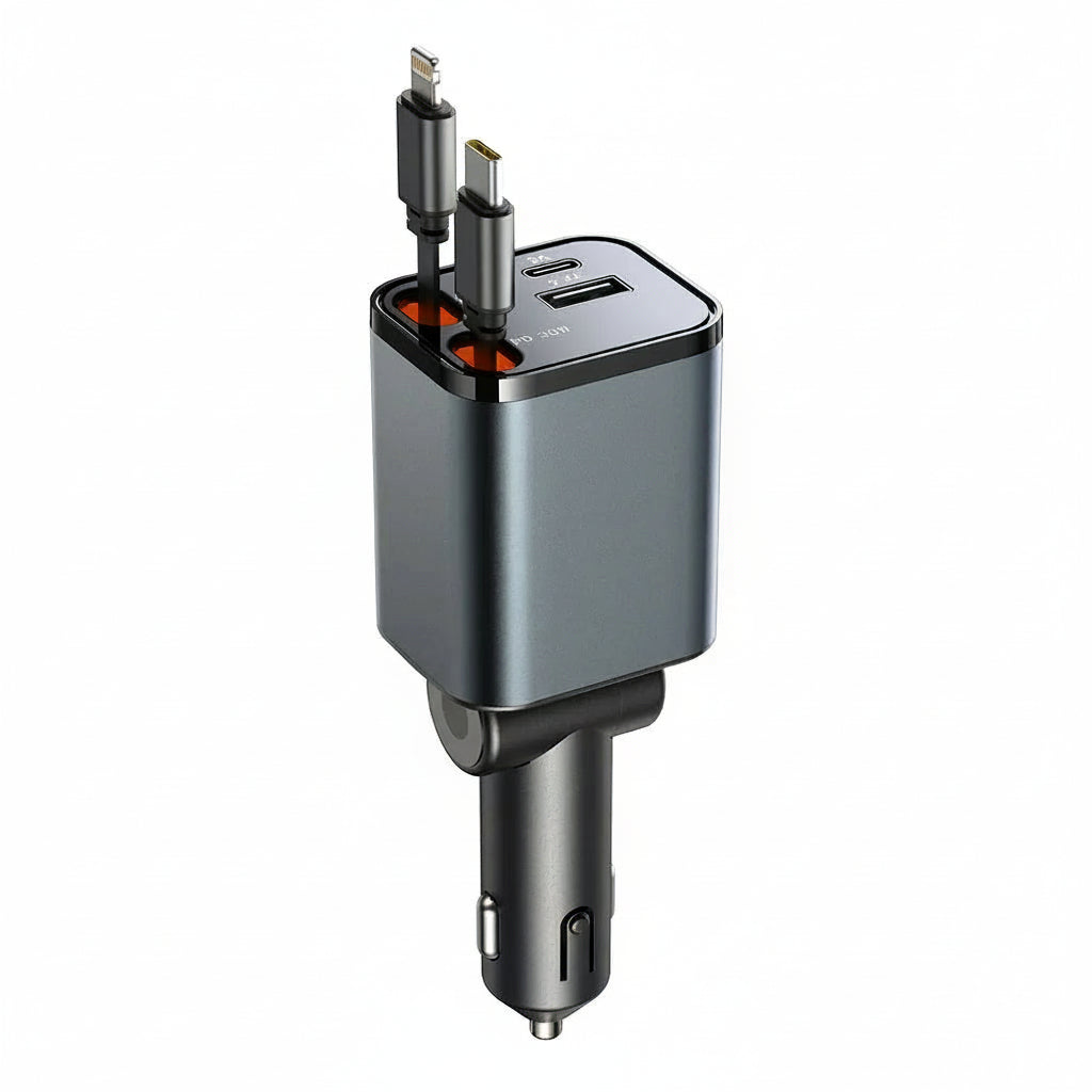 Billaddare, FM-sändare, Bluetooth med utdragbar USB-C/Lightning-kablar